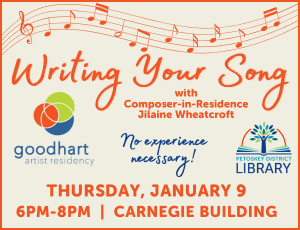 Writing your song workshop program image, orange and blue lettering on light tan background