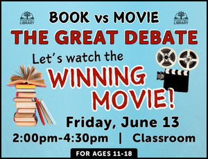 Placeholder image for Best Book-to-Movie winner program, black and red lettering on a light blue background