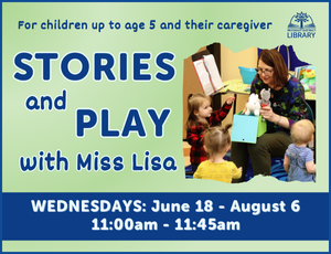 Image for Stories and Play program with navy blue lettering on a light green background