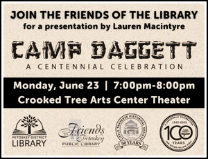 Image for Camp Daggett History program on June 23, black lettering on light tan textured background