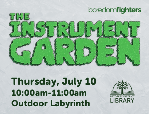 Image for the boredomfighters "The Instrument Garden" program on July 10 (green lettering on ligth gray background)