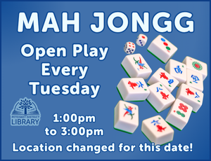 Image for weekly Mah Jongg program, light blue lettering on a darker blue background