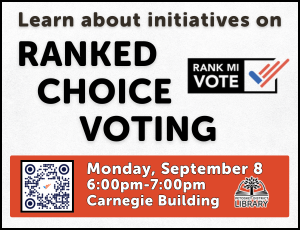 Thumbnail image with text reading "Learn about initiatives on RANKED CHOICE VOTING. Monday, September 8, 6:00pm-7:00pm, Carnegie Building"