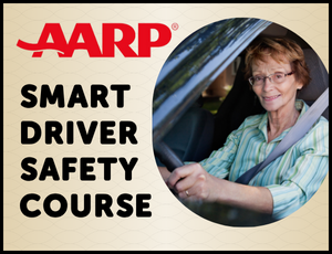 Thumbnail image, tan background with AARP red logo and a photo of woman in driver's seat of a car, text in black says "SMART DRIVER SAFETY COURSE"