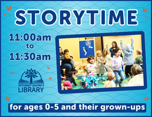 STORYTIME on blue background with excited children