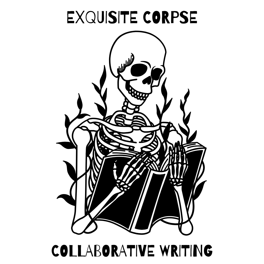 exquisite corpse skeleton reading a book